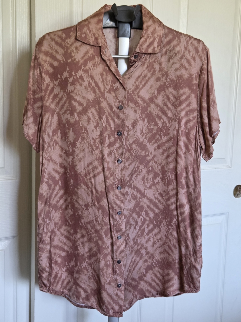 Coastal Boho Earth-Toned Mauve Abstract Oversized Short-Sleeve Button-Down Shirt